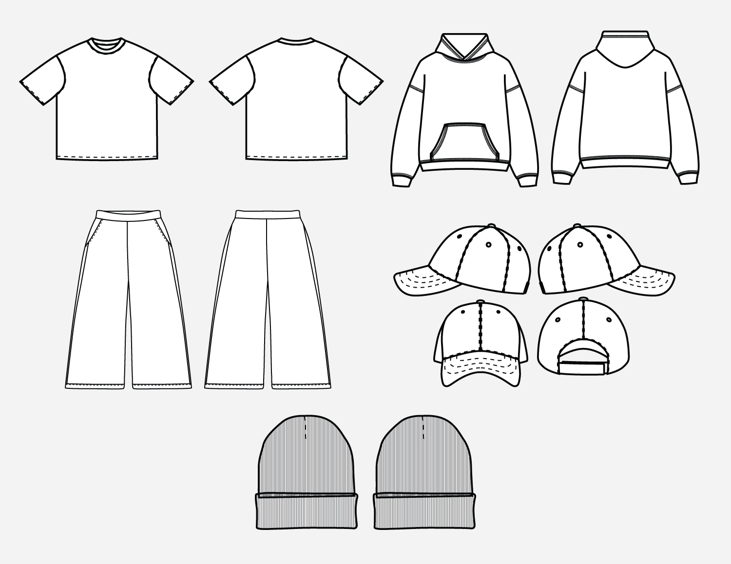 Starter Tech Pack garment flats: tee, hoodie, pants, cap, beanie
